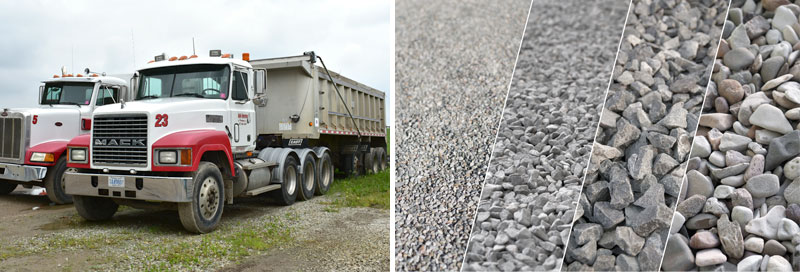 Dahle Enterprises' Dump Trucks lined in a row and a rows of various sized aggregate materials